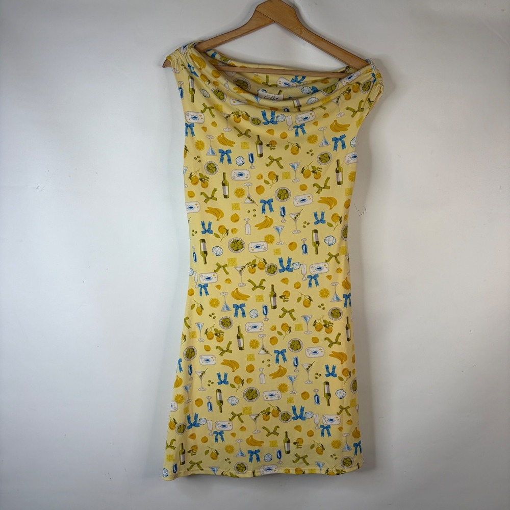 Gilli Mini Dress Women Small Yellow Coquette Martini Draped One Off Shoulder